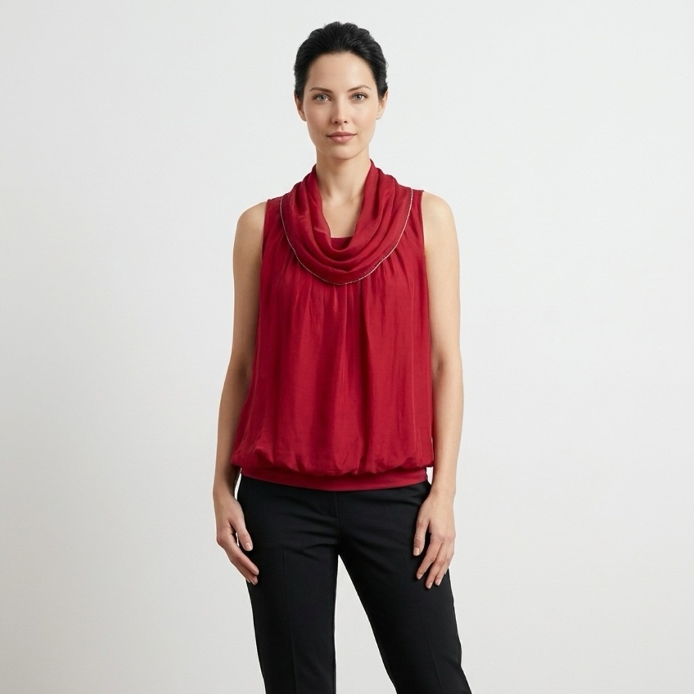 Made in Italy Red 100 % Silk Sleeveless Bubble Hem Top with Attached Scarf